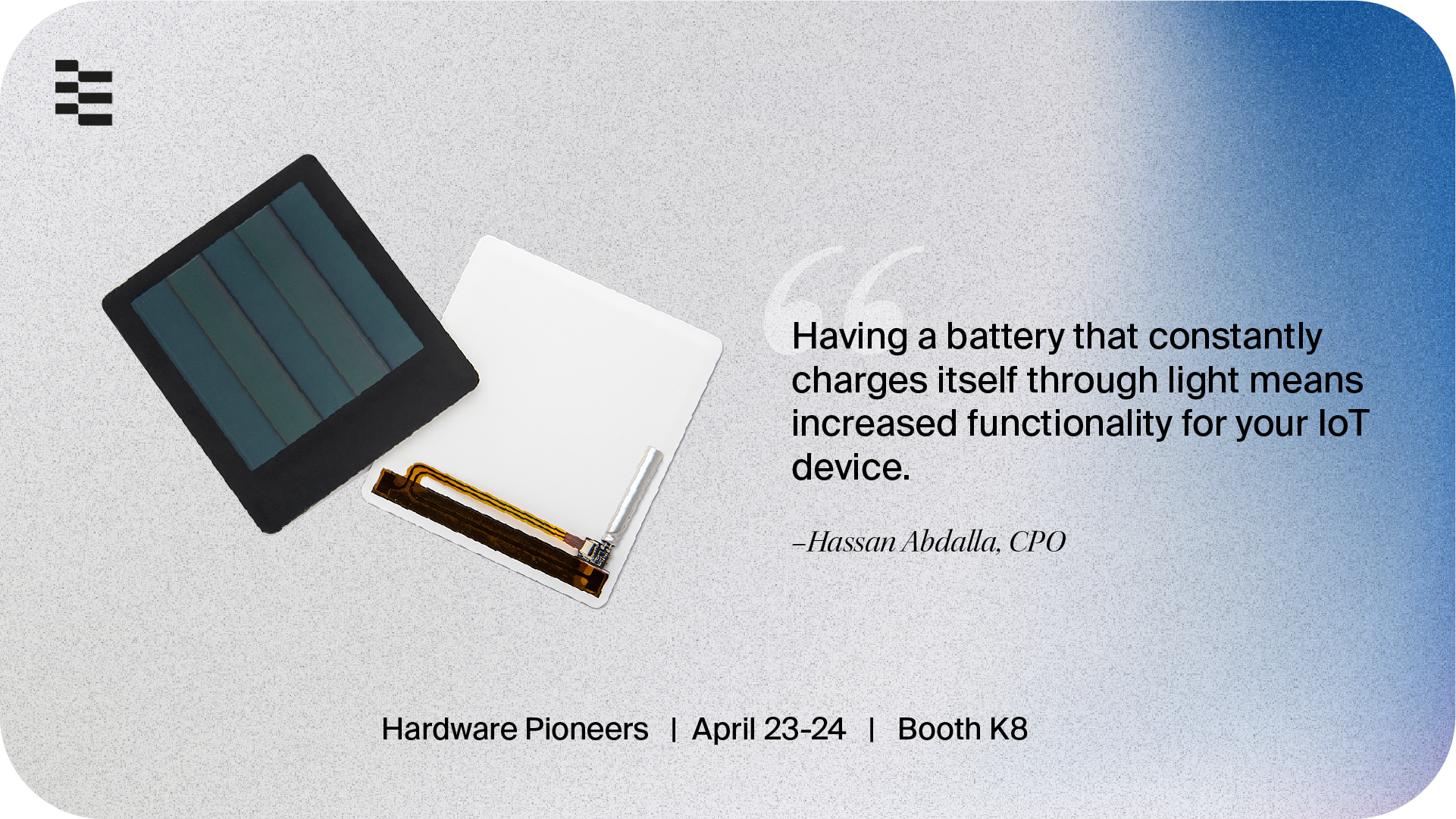 Self charging battery featuring Epishine indoor solar cell and Nichicon energy storage